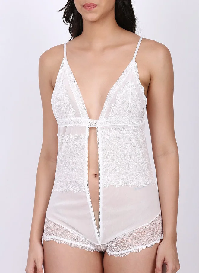 Laceandme Laceandme White Self Design Baby Doll